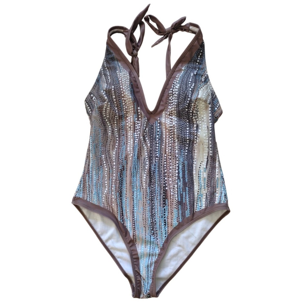 Unbranded‎ Swimsuit Woman L Brown Blue Geometric Trim Accents Deep Neckline
